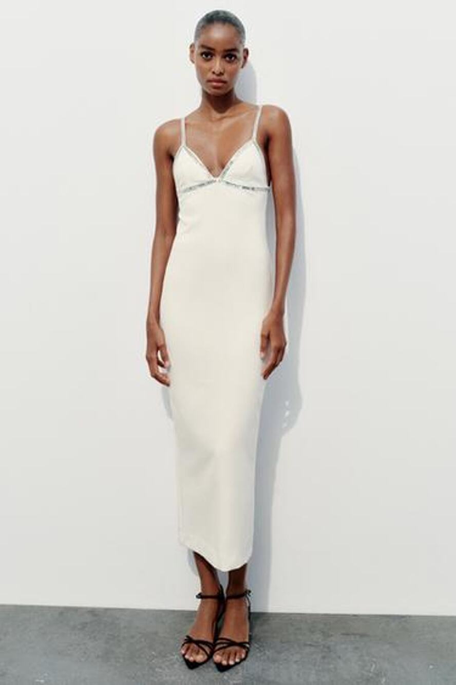 Nwt ZARA White Jewel Rhinestone Spaghetti Strap Pencil Cut Midi Dress Size XL